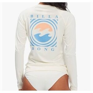 Billabong Women's Cream Long Sleeve Rash Guard - Blue & Peach Logo NWT